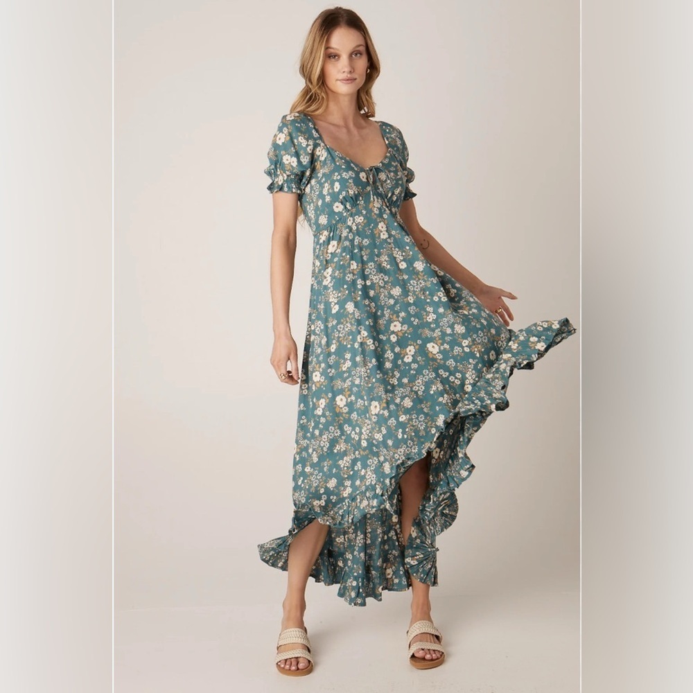 Patrons of Peace Coastal Cowgirl Floral Teal Maxi HiLow Ruffle Dress - size XS